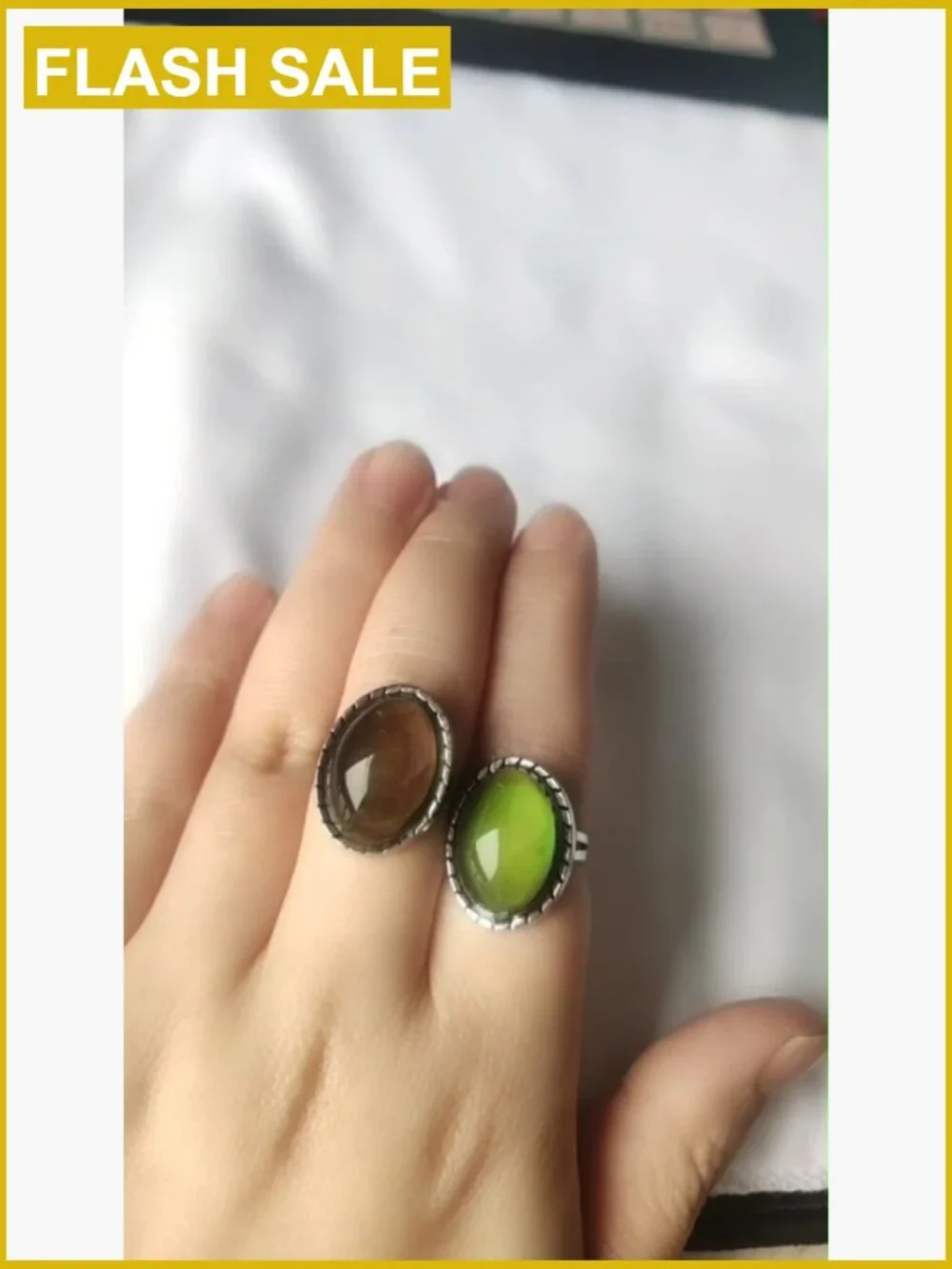 2 PCS Adjustable Mood Ring Set Oval Stone Band Ring One Size Fits All